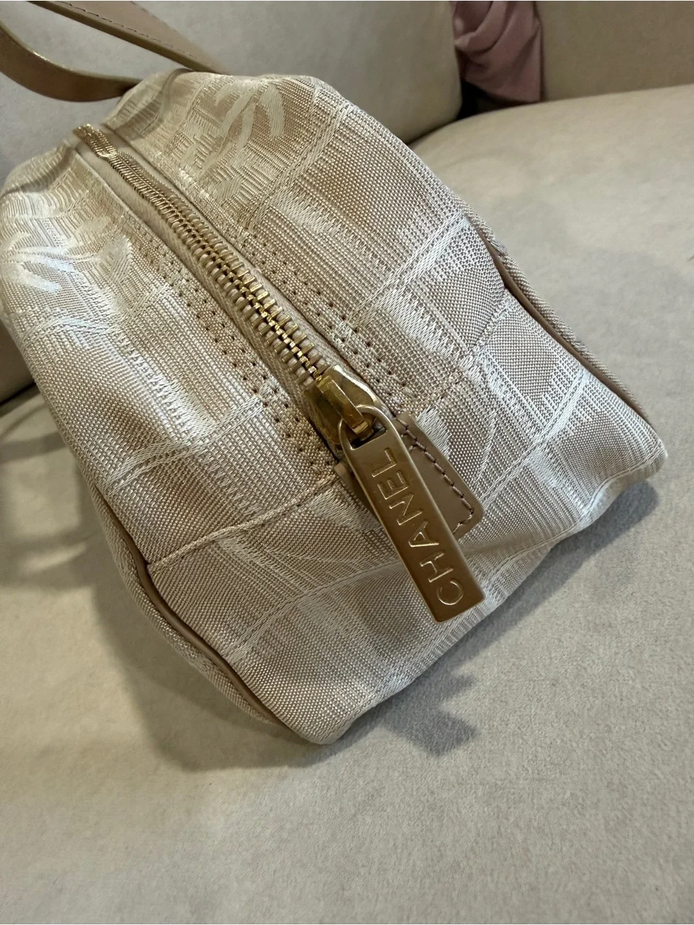 CHANEL Beige Logo Jacquard Satchel with Tan Leather Handles